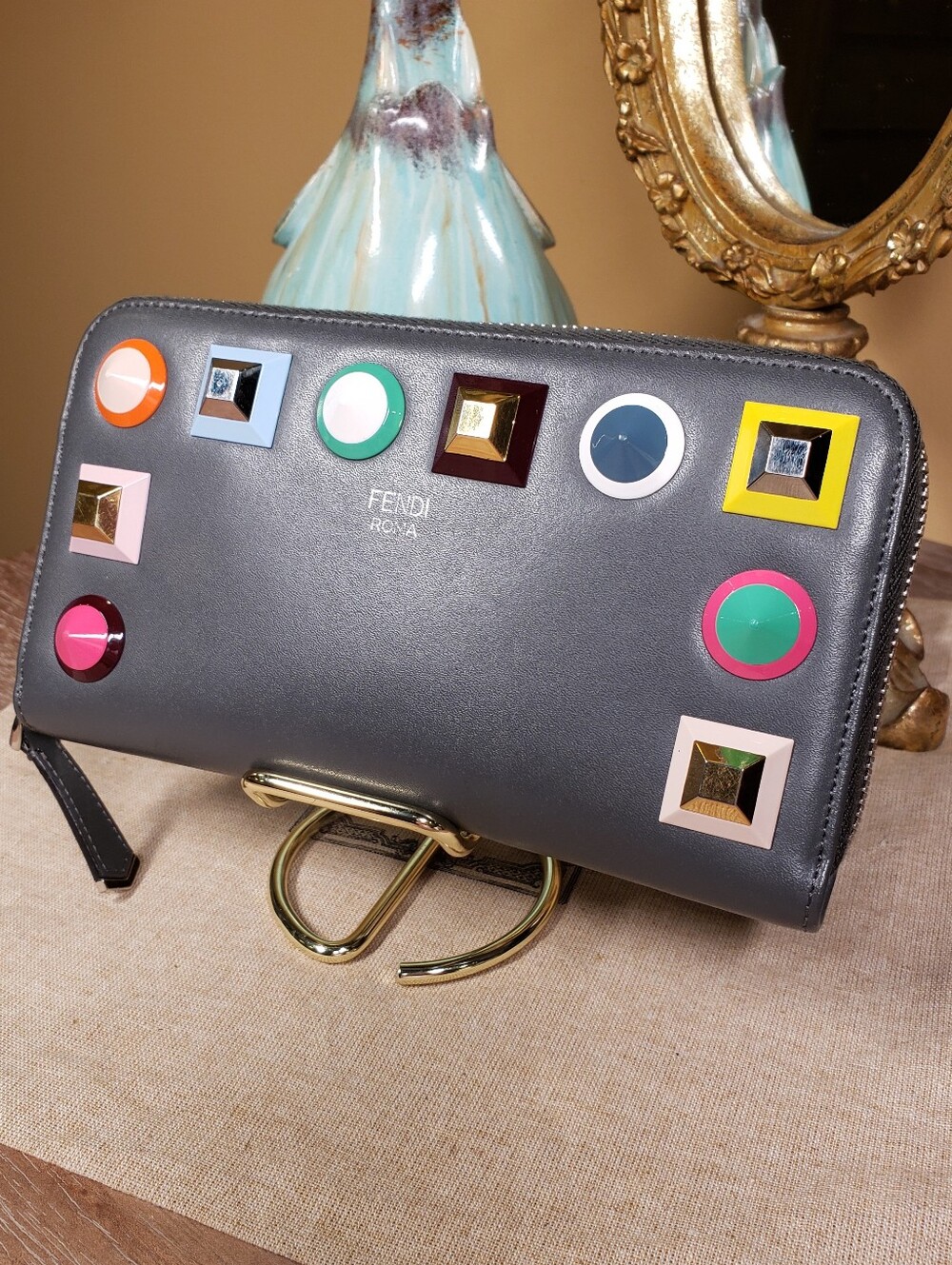 Fendi Gray Leather Zip Around Wallet w/ Multicolor Geometric Studs NWOT! ($950) - Picture 3 of 11